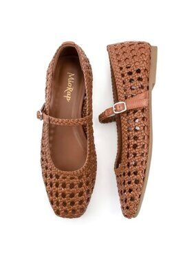 Woven Ballet Flats Women Square Toe Mesh Mary Jane Adjustable Strap Dressy